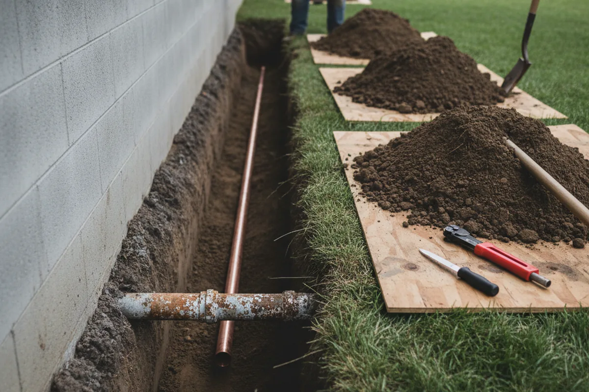 Excavated water line trench during Water Softener Installation in Tennyson
